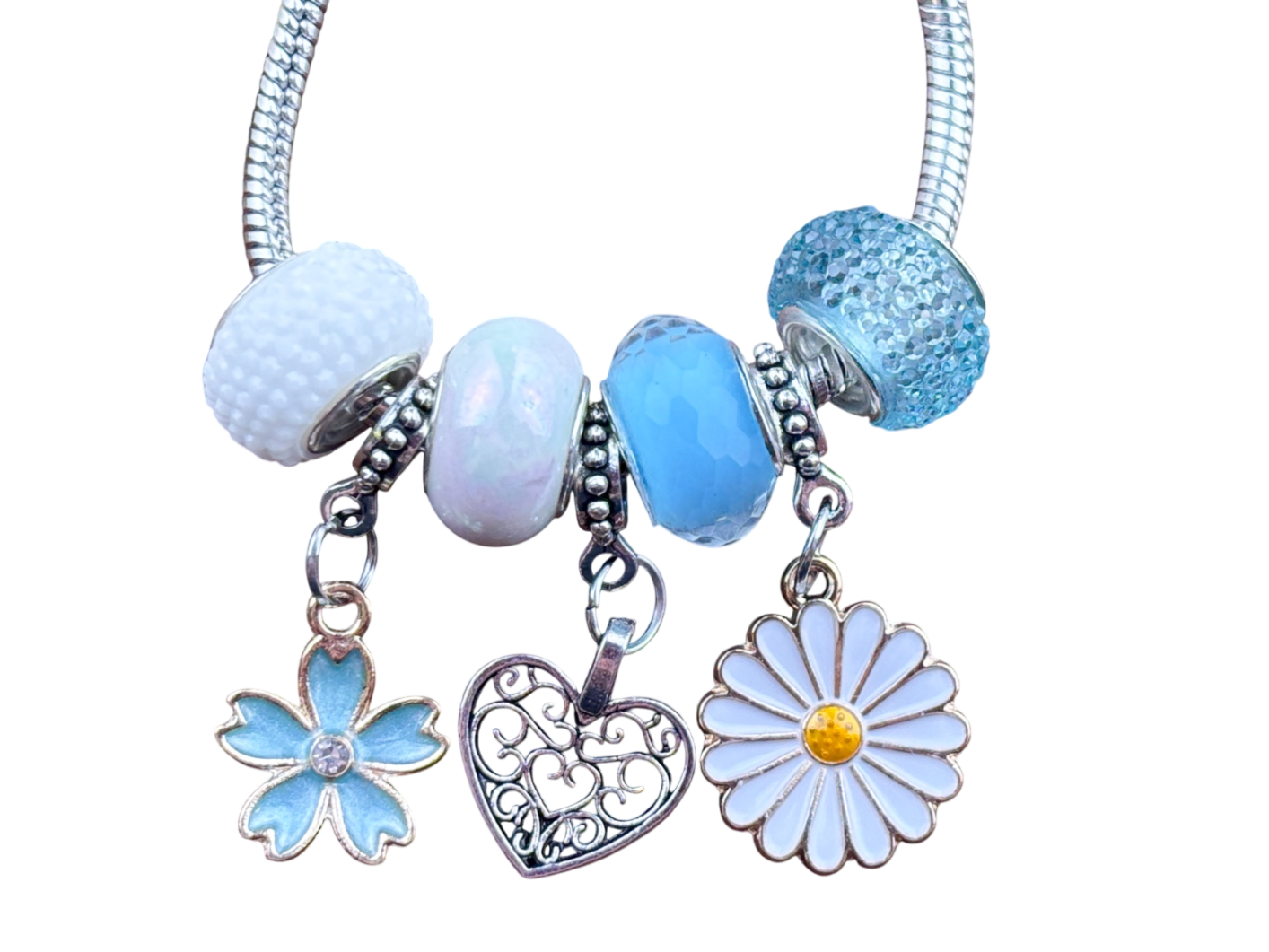 Armband Blau/Weiß Blume Weiß und Blau Herz