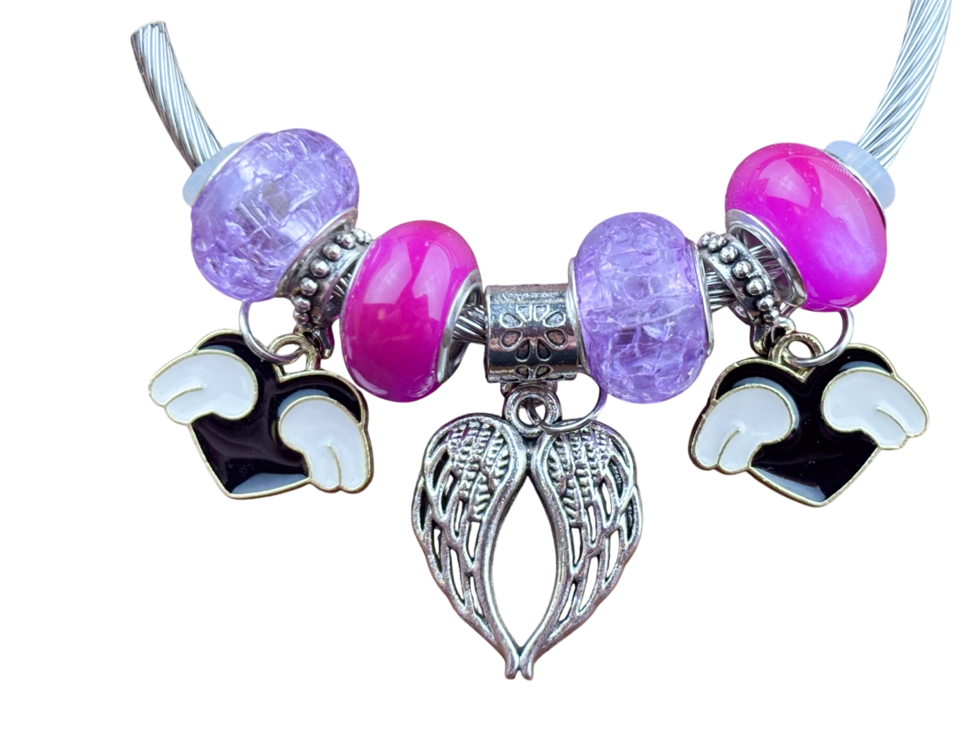 Armband Pink/ Lila/ Herz schwarz Flügel